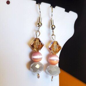 Silver Tone Hook Czech Glass and Cat's Eye Earring